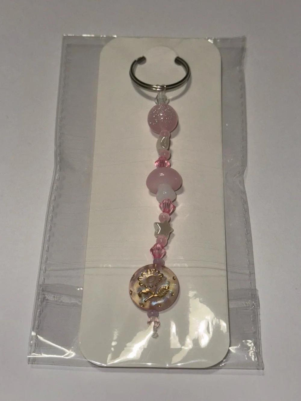 Pink Beaded Flower Keychain